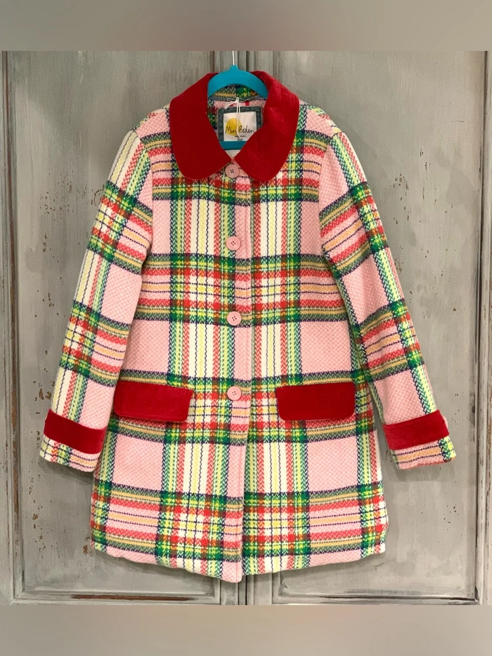 Mini Boden Colorful Plaid Wool Blend Coat Sz 8-9Y